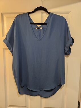 Lush Blue V-Neck Roll-Sleeve Blouse